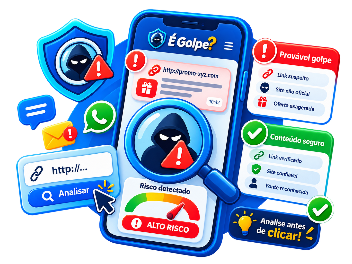 Exemplo de interface para análise de golpes e links suspeitos