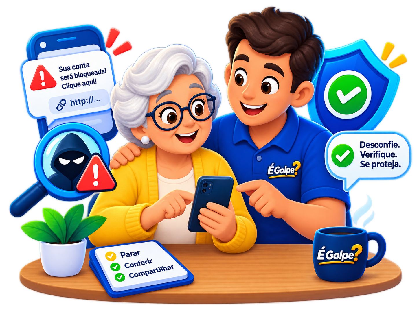 Pessoa idosa recebendo orientação sobre golpes digitais