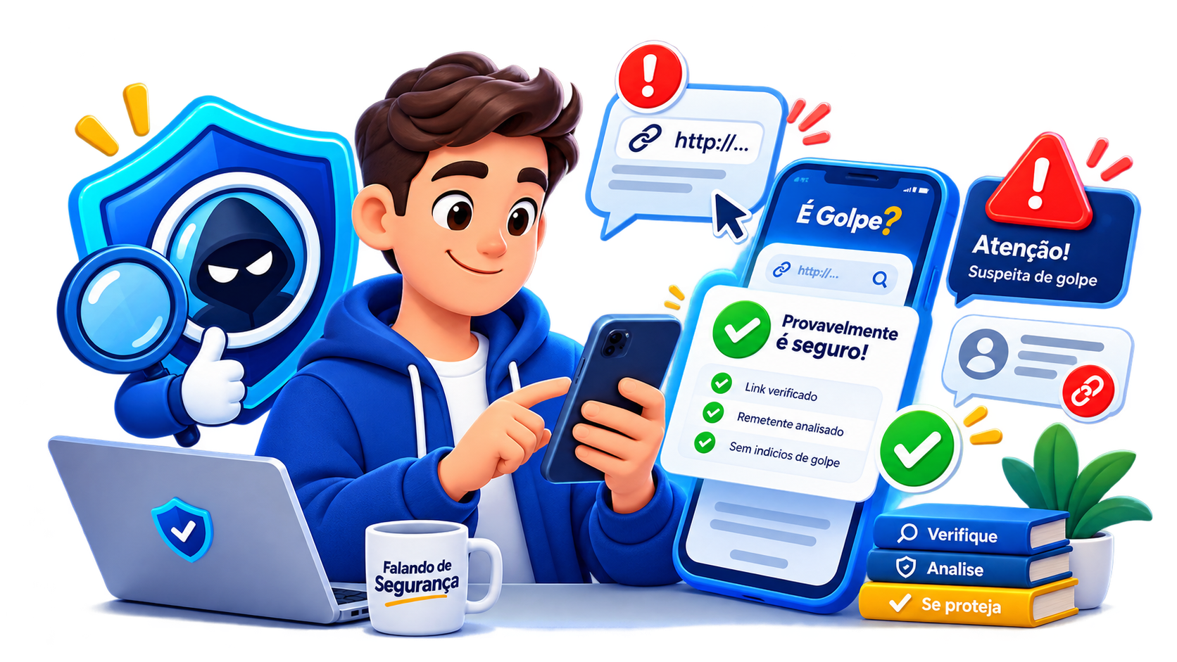 Pessoa utilizando ferramentas de proteção e análise contra golpes digitais
